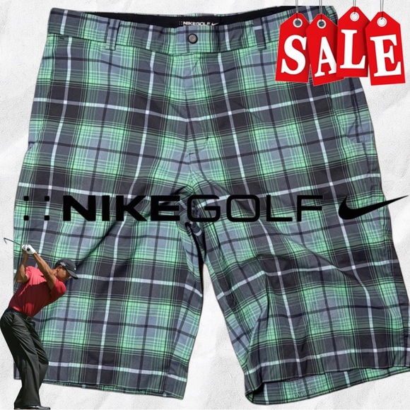 NEW Nike Golf Men's DRI-FIT Plaid Shorts - Green and Black - Picture 2 of 7
